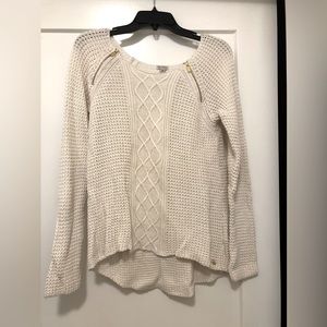 White GUESS sweater with gold zippers. Slightly longer in back.